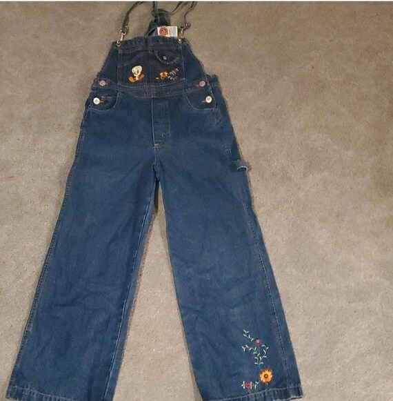 Vintage embroidered Tweety overall bibs girls 7/8 War… Gem