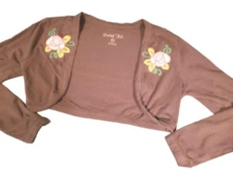Jrs vtg xl shrug bolero embroidered pink rose on brown