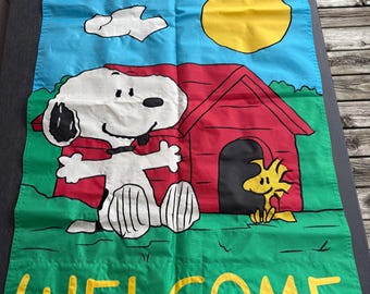 Vintage Nylon Snoopy Welcome Outdoor House Flag / Yard Flag