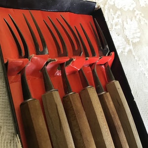 Vintage Cocktail Forks 6 Stainless Steel and Wood Cocktail Forks