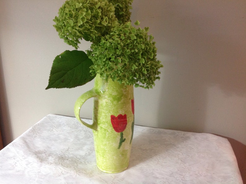 Vintage Ceramic Vase Green White Vase Vinage Pitcher Vase Red Flowers