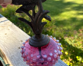 Cranberry Hobnail Opalescent With Dragonfly Lamp Finial / Fixture Part