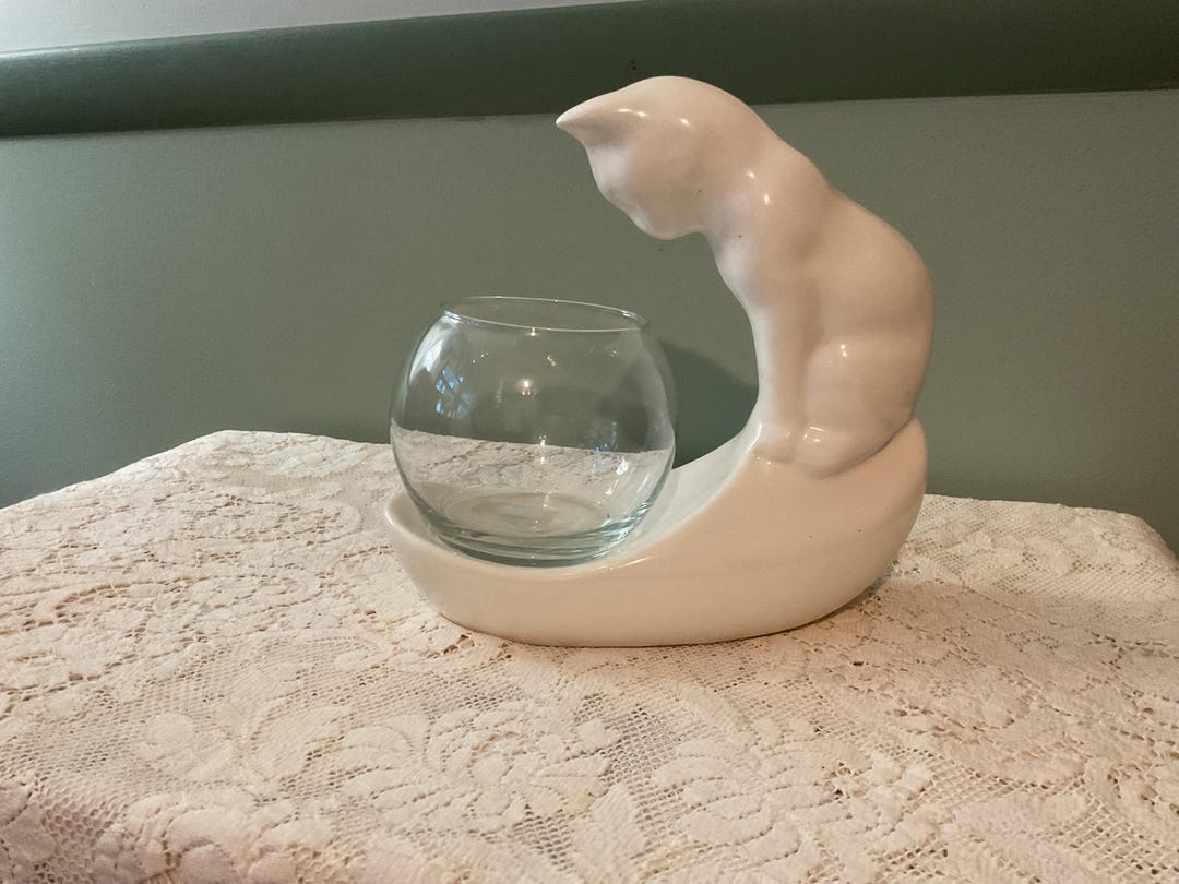 Vintage White Cat and Fish Bowl White Cat Fish Bowl Holder - Etsy