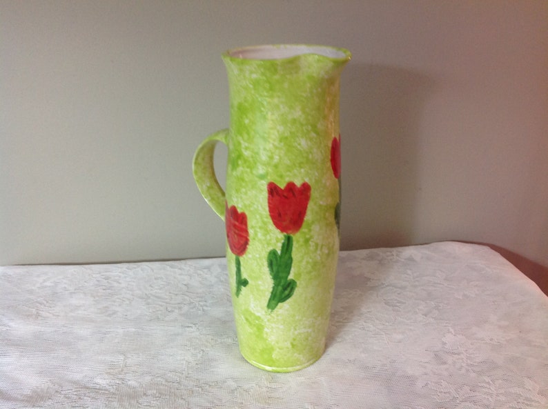 Vintage Ceramic Vase Green White Vase Vinage Pitcher Vase Red Flowers