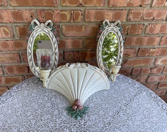 Vintage Burwood Ivory Shelf with 2 Mirror Sconce Candle Holders