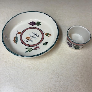 May include: A white ceramic bowl and small cup set. The bowl has a green rim and a central design with a pink ring, purple grapes, and green leaves. The cup has a similar design. This set is suitable for serving food.