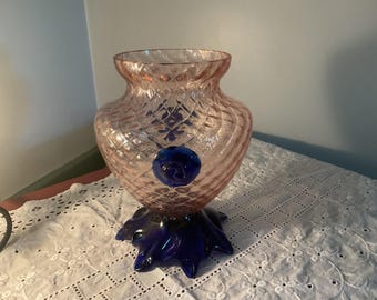 Vintage Hand Blown Cobalt Blue and Pink Glass Vase