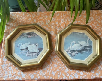Vintage Pair of Swan Prints Gold Octagon Frames