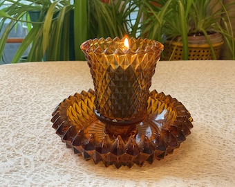 Vintage Amber Color Diamond Pattern Candle Holder Votive and Base