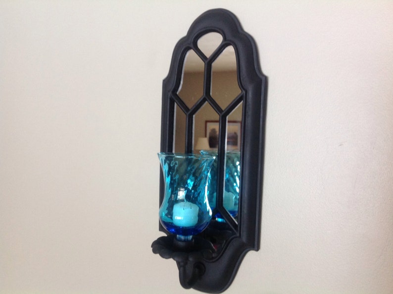Vintage Black Metal Mirrored Candle Holder Sconce Wall Mount
