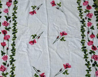 Vintage White Linen Tablecloth with Pink Roses and Ivy