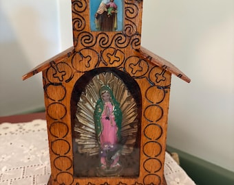 Vintage Hand Crafted Lighted Shadowbox With Virgin of Guadalupe and Lady of Mount Carmel