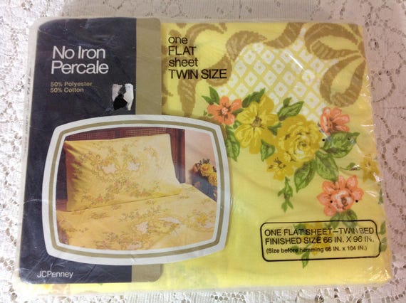 Vintage Floral Twin Flat Sheet  by JC Penny Yellow Flowered Sheet Yellow Twin Flat Sheet