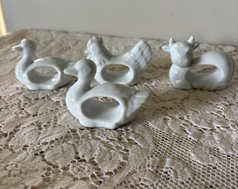 Set of 4 Vintage White Animal Napkin Rings Cow Chicken and Ducks