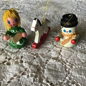 Vintage Wood Tree Ornaments Wood Snowman Rocking Horse Angel