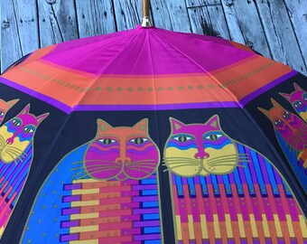 Laurel Burch Purple Orange Feline Family Cats Compact Umbrella Auto Open Close 