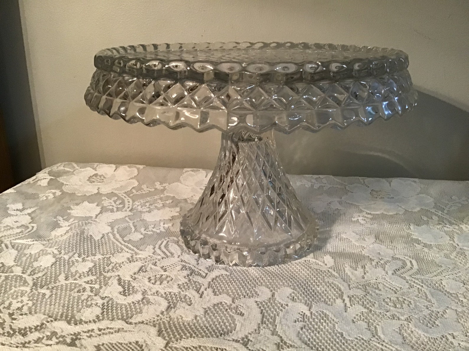 Vintage Crystal Glass Pedestal Cake Plate Diamond Pattern Etsy