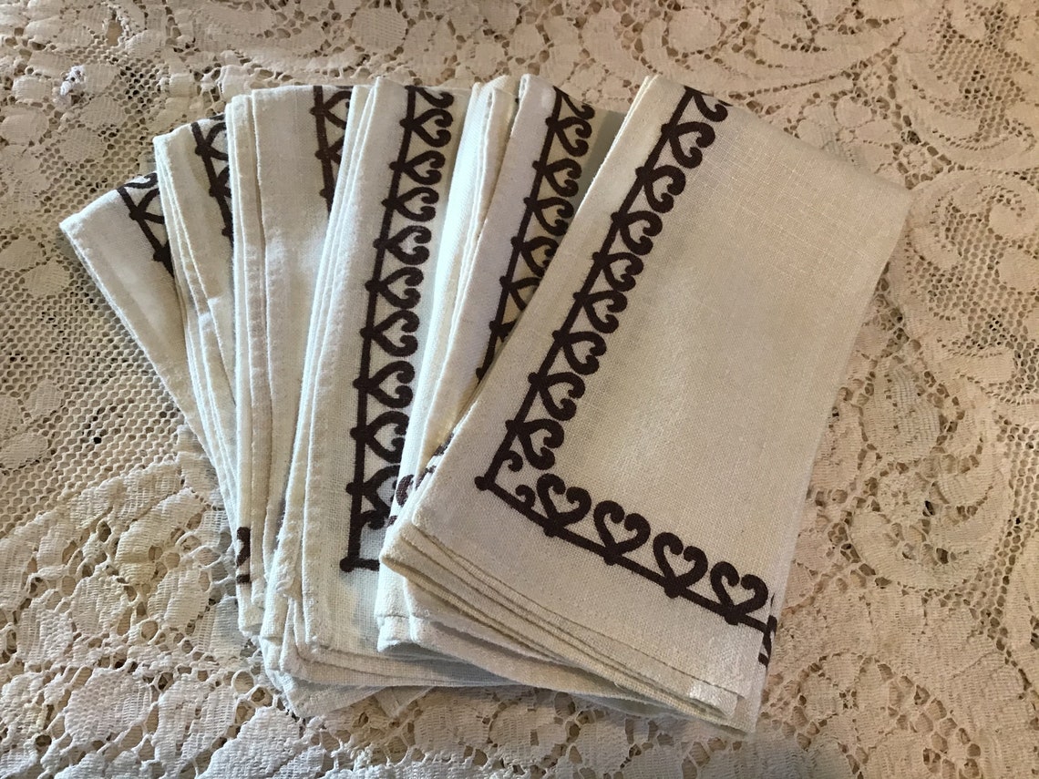 Vintage Cloth Napkins Set of 6 Linen Napkins Cream and Brown Etsy UK