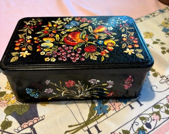 Vintage Massilly Hinged Black Fruit and Floral Tin