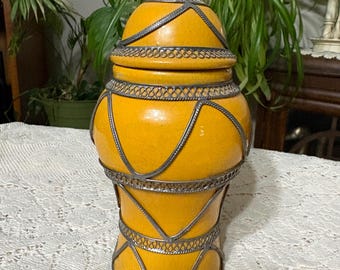 Moroccan Lidded Ceramic Jar With Filigree Scrolls