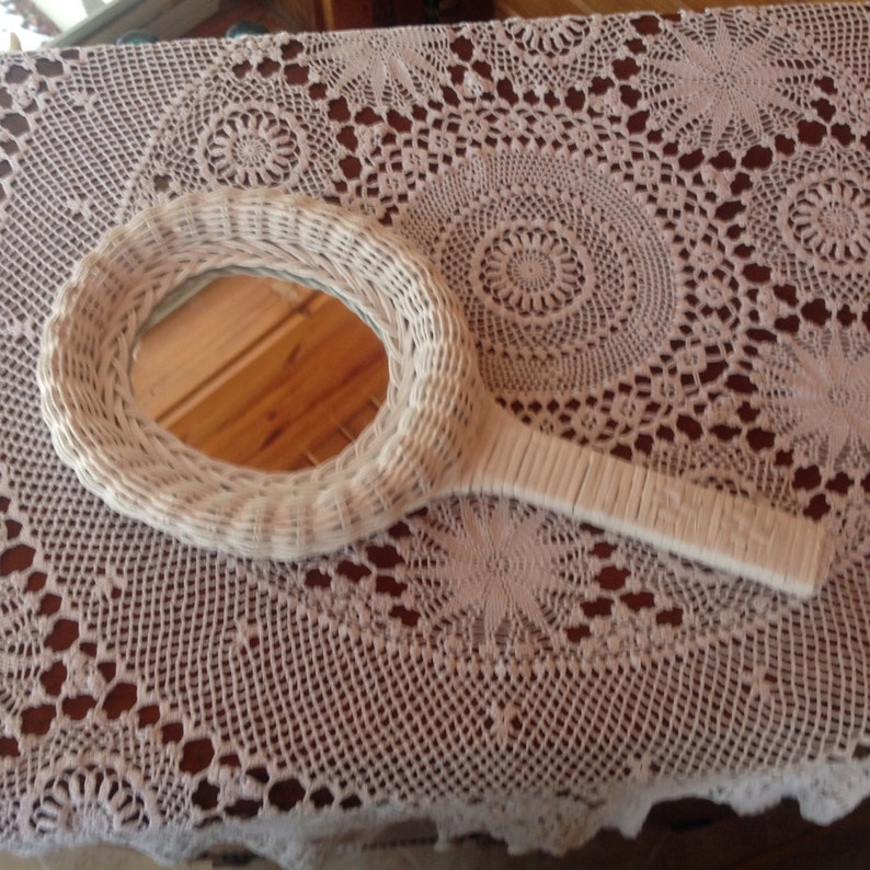 White Wicker Mirror Hand Held Mirror Vintage Wicker Hand Held Etsy