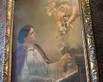 Vintage Framed Lithograph of St Cecilia and Cherubs