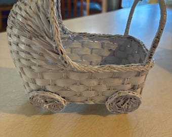 Vintage White Wicker Planter / Mini Doll Carriage