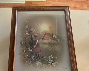 Vintage Andres Orpinas Framed Print Girl and Barn Country Scene Girl in the Meadows