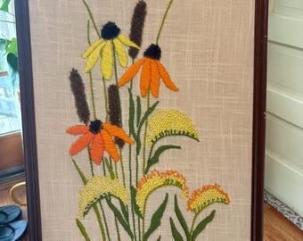 Vintage Framed Crewel Embroidery Needlepoint Floral Needlepoint
