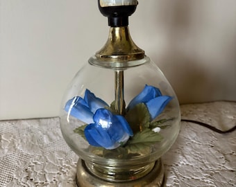 Vintage Glass Lamp Clear Round Globe With Blue Roses Enclosed