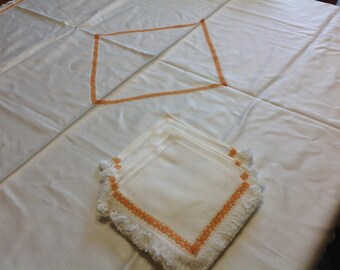 Vintage Square Tablecloth Cream and Orange 5 Napkins