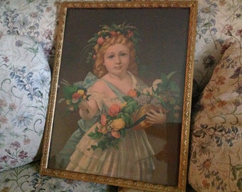 Framed Litho Spring Beauties Strobridge & Co Office of The Librarian Congress at Washington Victorian Print Girl Holding Flowers