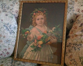 Framed Victorian Lithograph Print, Girl with Flowers