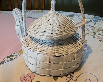 White Wicker Teapot Planter – Vintage Decor Accent