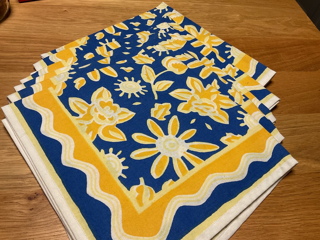 Vintage Blue and Yellow Floral Cloth Napkins Set of 6 Etsy