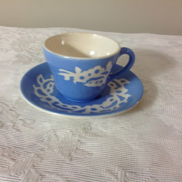 Cameo Ware Shell Shape Tea Cup and Saucer Plate Blue and White Harker Pottery Co