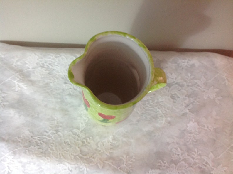 Vintage Ceramic Vase Green White Vase Vinage Pitcher Vase Red Flowers
