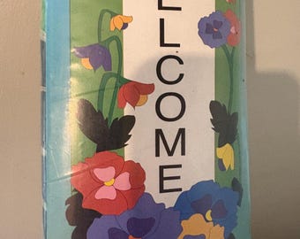 Vintage Nylon Floral Welcome Outdoor House Flag / Banner