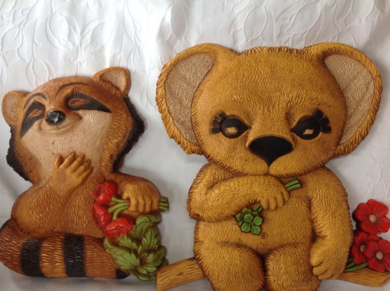 Two Vintage Wall Plaques Koala Bear Plaque And Raccoon Plaque Etsy