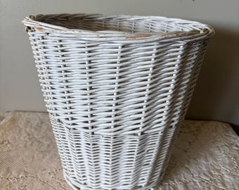 Vintage White Wicker Waste Basket Trash Can