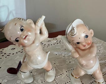 Vintage Ceramic Sport Diaper Babies Golf and Baseball Figurines