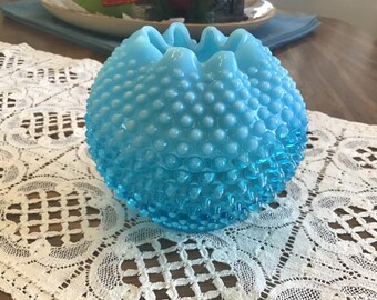 Vintage Blue Fenton Crimped Rim Bowl Vase Opalescent Hobnail Blue Topaz Vase