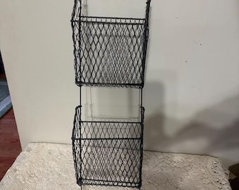 Vintage Wire Mail Holder Storage Letter Caddy Wall Mount 2 Slots 2 Hooks