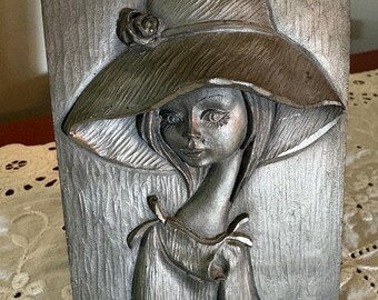Italian Hand Carved Peltro Pewter Girl In a Hat