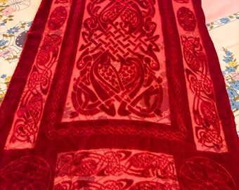 Vintage Red Silk and Velvet Scarf