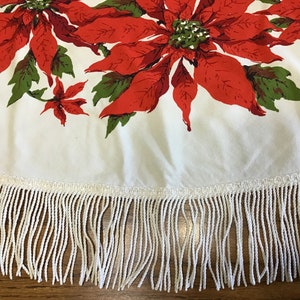 Round Poinsettia Tablecloth Vintage Christmas Tablecloth Vintage Fringe Tablecloth