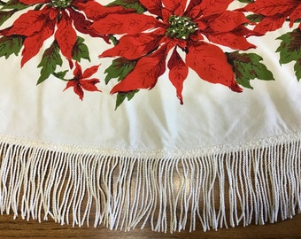 Round Poinsettia Tablecloth Vintage Christmas Tablecloth Vintage Fringe Tablecloth