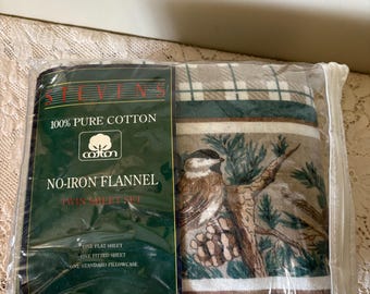 Vintage Cotton Flannel Twin Bedsheet Set Pine Cones and Chickadees NOS