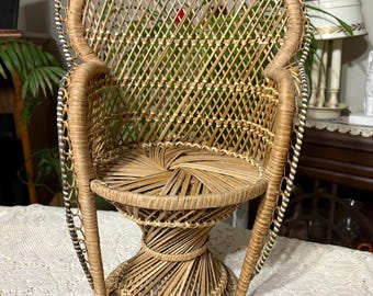 Vintage Wicker / Rattan Fan Back Peacock Miniature Doll Chair / Plant Stand