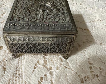 Vintage Filigree Silver Footed Trinket Box Blue Velvet Interior
